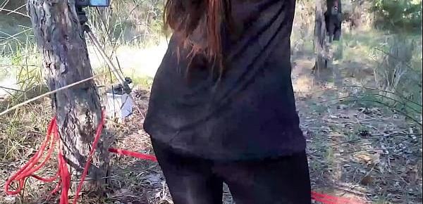  Tied to a tree on a sexy outfit, masked and outdoor deepthroat with no mercy